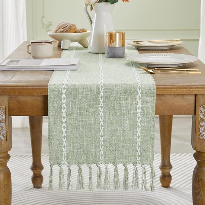 Wracra Rustic Linen Table Runner, Sage Green Table Runners 72 inches Long | - Image 7
