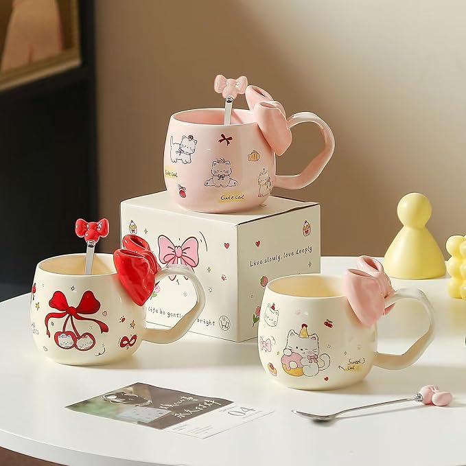 DTIUYIOP-Cute Cherry Cat Ceramic Coffee Mugwith 3D Bow & Bow Spoon | kawaii - Image 6