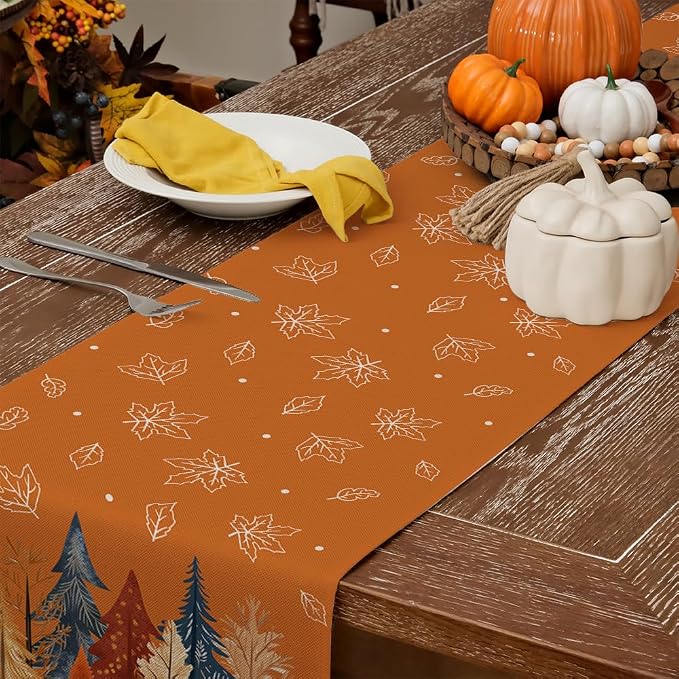 Fall Watercolor Trees & Maple Leaves Table Runner 13x108 Inch, Rustic Farmhouse - Image 4
