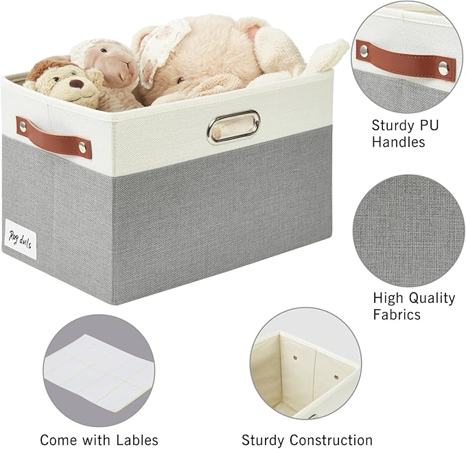 Large Collapsible Fabric Storage Bins with 3 Handles, Foldable Organizer Baskets for Closet, Shelves, Living Room | 3 Pack, Durable PU & Metal Handles (14.9"x9.8"x9.8", Gray & White)