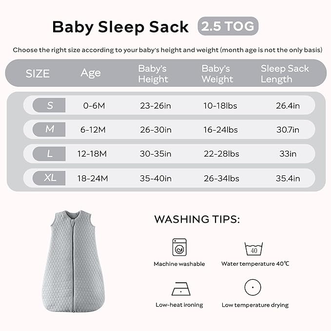 JELLYMONI Baby Sleep Sack TOG 2.5, 6-12 Months Winter Baby Wearable Blanket, 100% Cotton Infant Sleeping Sack 2-Way Zipper Warm Quilted Sleepsack