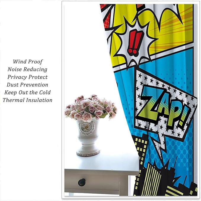 Superhero City Wars Explosion Rod Pocket Blackout Curtains for Boy Girl Bedroom, Colorful Comics Ar Thermal Insulated Home Window Drapes for Living Room Darkening, 72x63 inch