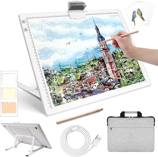 Rechargeable A3 Diamond Art Light Board with Padded Case,Light Pad with Stand,3 Colors Stepless Dimmable and 6 Levels of Brightness Light Box for tracing,Diamond Painting,Drawing,Sketching(White)