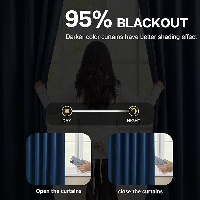 KEQIAOSUOCAI Pinch Pleated Curtains 100 Inches Long 2 Panels Set, Thermal Insulated Blackout Room Darkening Curtain for Bedroom,Window Draperies with Hooks(Navy Blue,40x100-inch)