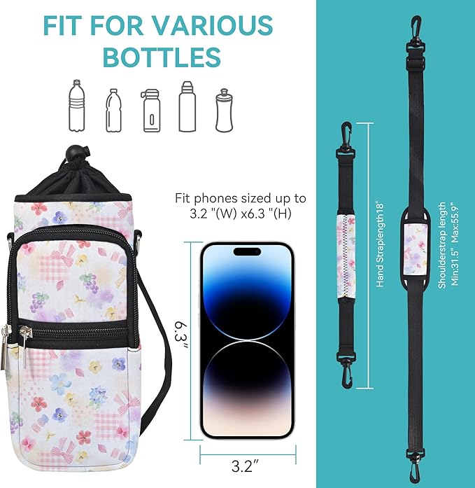 25/32/40/64oz Water Bottle Bag Holder Carrier-Insulated Crossbody Sling Case Sleeve with Strap & Pockets for Men Women Gym Cycling Travel Walking Hiking Camping