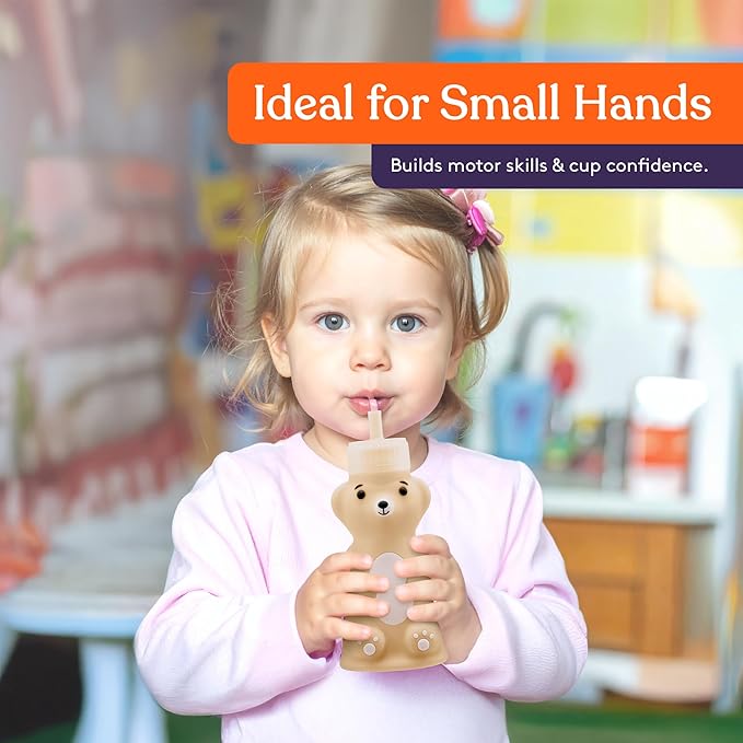 Special Supplies Honey Bear Straw Cup Long Straws, Squeezable Therapy and Special Needs Assistive Drink Container, Spill Proof and Leak Resistant Lid (Pack of 1 Bottle and 3 Straws) (Brown)