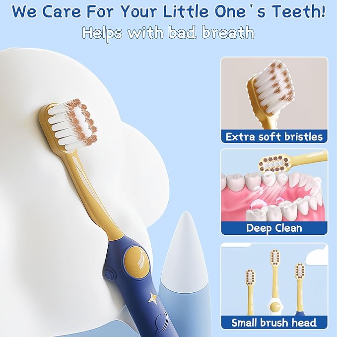 EASICUTI Extra Soft Kids Toothbrushes 4 Pack, Space Style Toddler Toothbrushes for Ages 2-12 Years, Baby Toothbrush 12 Months and up, Childrens Toothbrush Help Remove Plaque and Stains-Blue, White