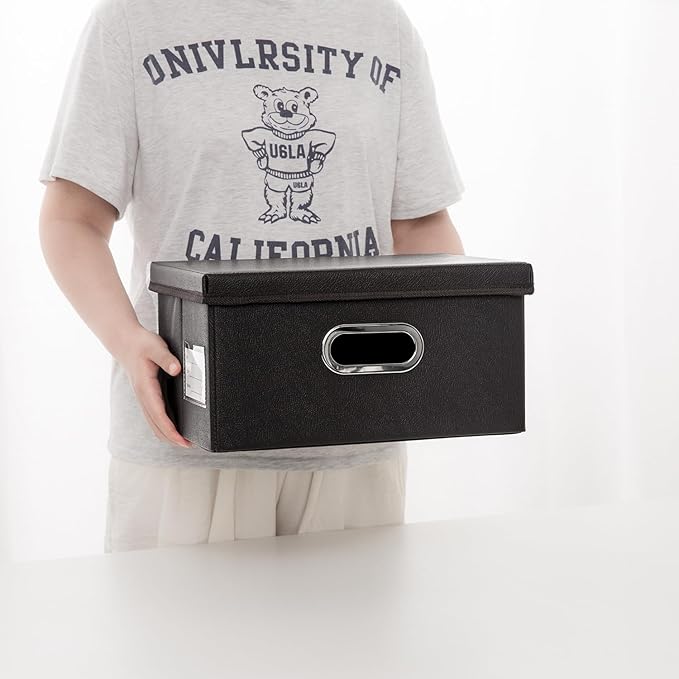 PRANDOM Collapsible Storage Box with Lid [3-Pack] Leather Fabric Foldable Storage Bin Organizer Container Basket Cube with Cover for Home Bedroom Closet Office Nursery Black(13.6x9.6x6.9)