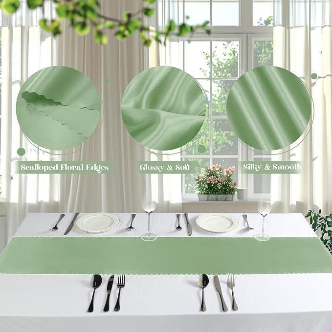 VACVELT Sage Green Satin Table Runners, 12x72 Inch, 6 Pack, Scalloped Edge | - Image 6