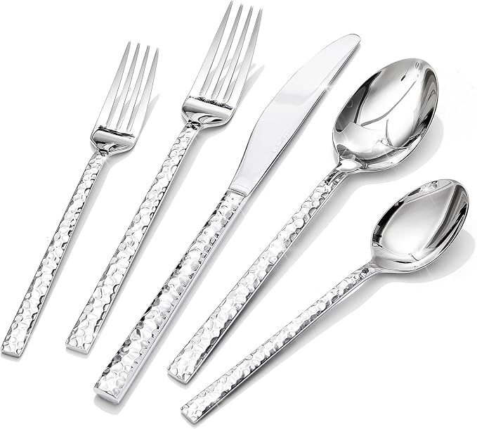 20 Piece Hammered Silverware Set, 18/10 Stainless Steel Flatware Set by KINGSTONE