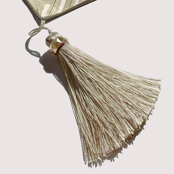 Luxury Beige Table Runner 13 x120 Inch, Modern Abstract Striped, Tassels | - Image 3