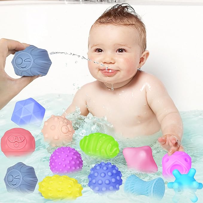 12 Pcs Sensory Balls for Toddlers, Sensory Baby Toys, Montessori Toy for Babies Squeeze, Infant Toys Soft Multi Ball Set Gifts with Bright Color Textured