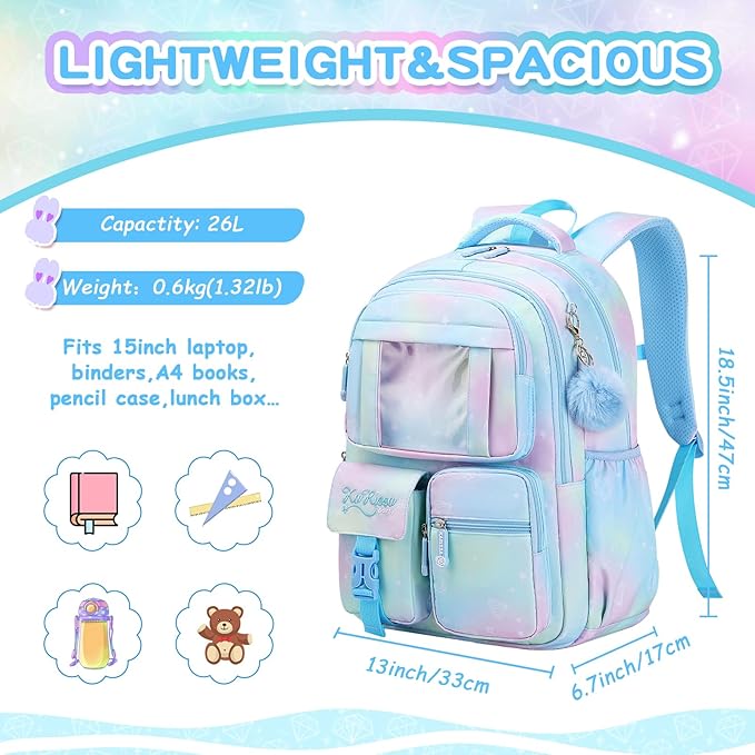 Kids Backpack for Girls - School Bags for Middle School Students - Book Bag for Elementary Primary - Blue