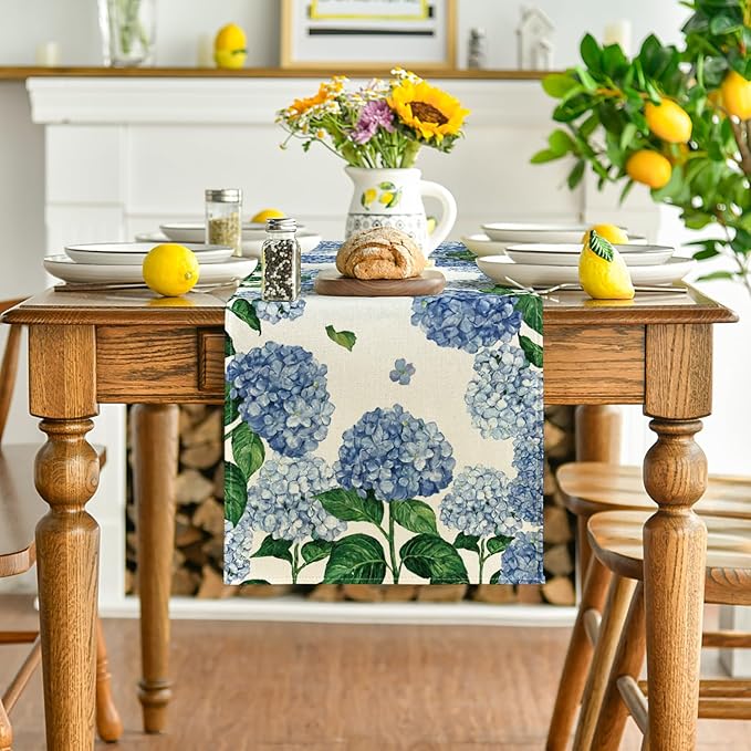 Artoid Mode Watercolor Hydrangea Summer Table Runner, Seasonal Spring Kitchen - Image 2
