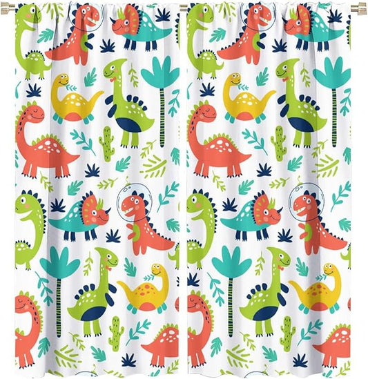 Rustic Dinosaurs Curtains Colorful Dino Kids Boys Cartoon Cute Cool Funny Decor Printed Blackout Rod Pocket Window Drapes for Living Room Bedroom W31.5xL72in 2 Panels