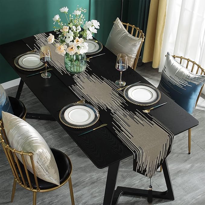 Luxury Modern Black Table Runner, Abstract Geometric, Fancy Tassels | Table - Image 6