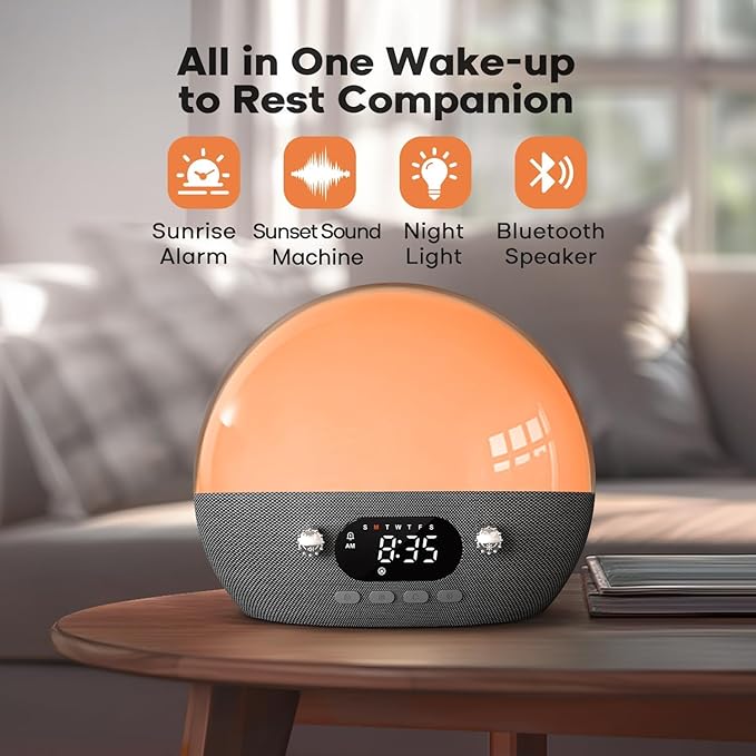 Dekala Smart Sunrise Alarm Clock with Wireless Charging for iPhone 14 13 12 Apple Watch AirPods Samsung, White Noise Sleep Sounds Machine, Nursery Night Light for Heavy Sleeper
