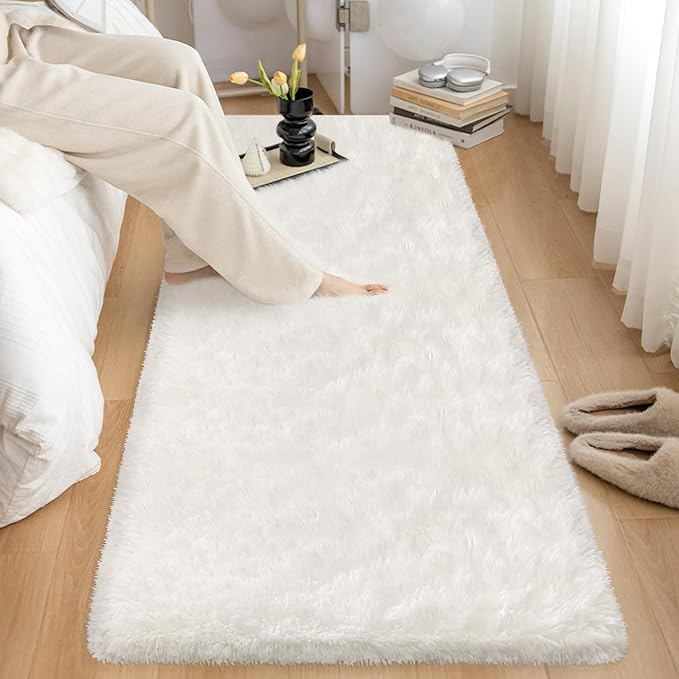 White Fluffy Runner Rugs for Bedroom Living Room Soft Shag Rug 2x8 Feet Plush - Image 2