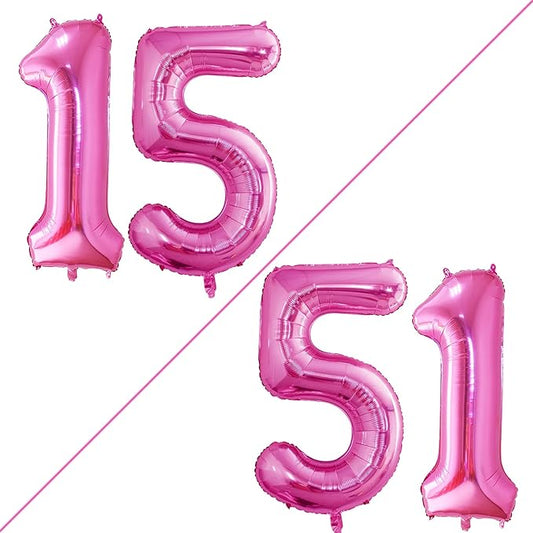 GOER Number 15 Balloons for 15th Birthday Sweet 15 Party Decorations,42 Inch Jumbo Foil Helium 51 Balloons for 51st Birthday Party Decoration (Hot Pink)