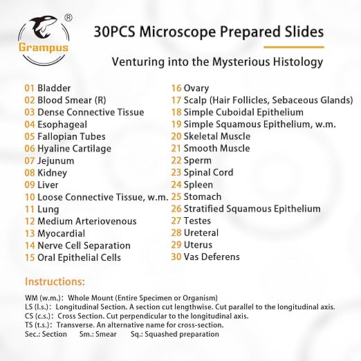 30 Prepared Microscope Slides with Specimens for Kids Students - Histology, for Biological Science Lab, Children's Science Education, Homeschooling Use