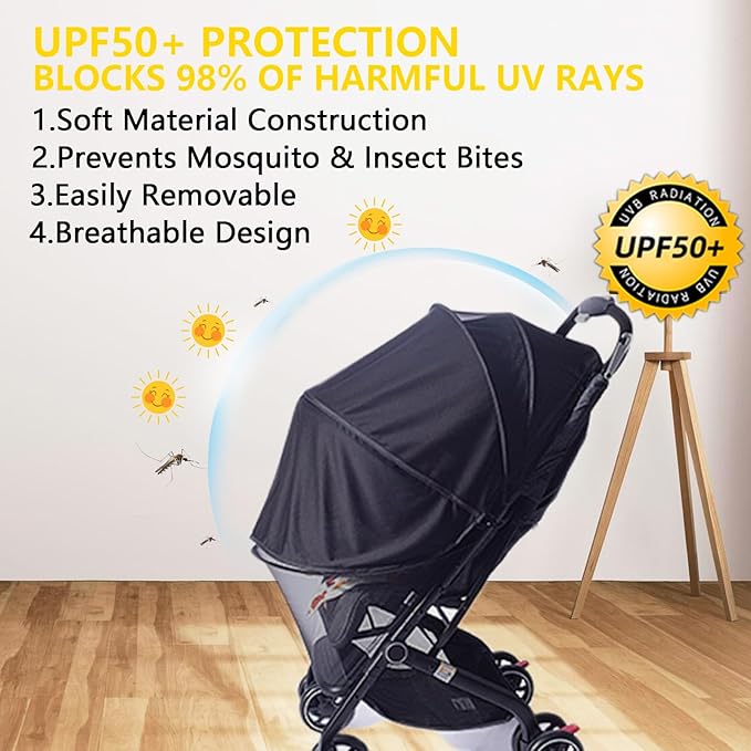 UPF50+ Sunshade Stroller Cover, Universal Breathable 3D Baby Mosquito Net, 2-in-1 Stroller Sun Shade with Two-Way Zipper, UV Protection, Privacy Netting for Stroller