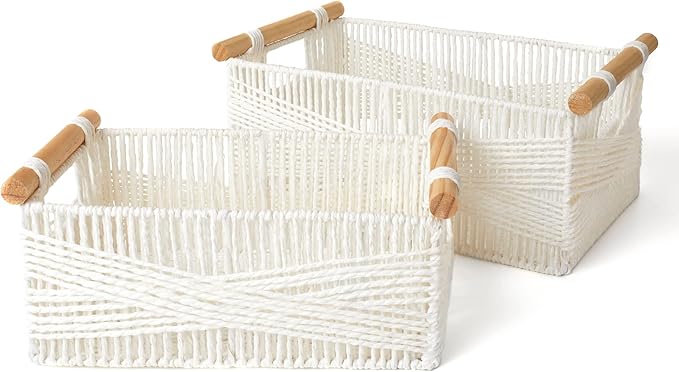 LA JOLIE MUSE Wicker Storage Baskets for Organizing, Recyclable Paper Rope Basket with Wood Handles, Decorative Hand Woven Basket Organizers for Makeup Books Shelves Living Room, White, Set of 2