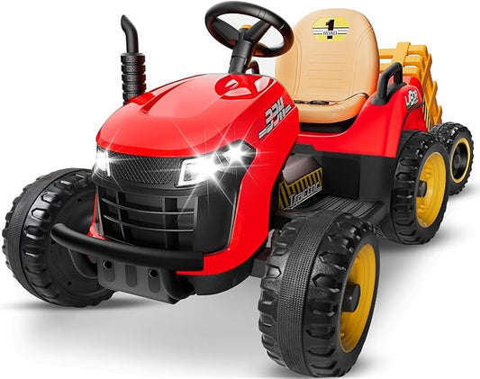 24V Ride On Tractor w/Tiltable & Detachable Trailer, 2x65W Motors, EVA Tires, Remote Control, Bluetooth, Shifter, Music, Electric Car for Kids Ages 2-5, Red