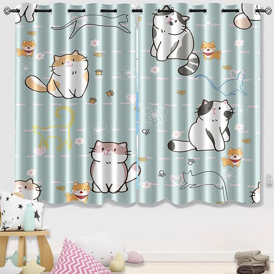 Lovely Cat Blackout Curtains 2 Panels 63" Inch Drapes for Kids Nursery Bedroom Kids Blackout Curtains Animal Themed Grommet Top Thermal Insulated Curtains for Nursery, 82 in x 63 in