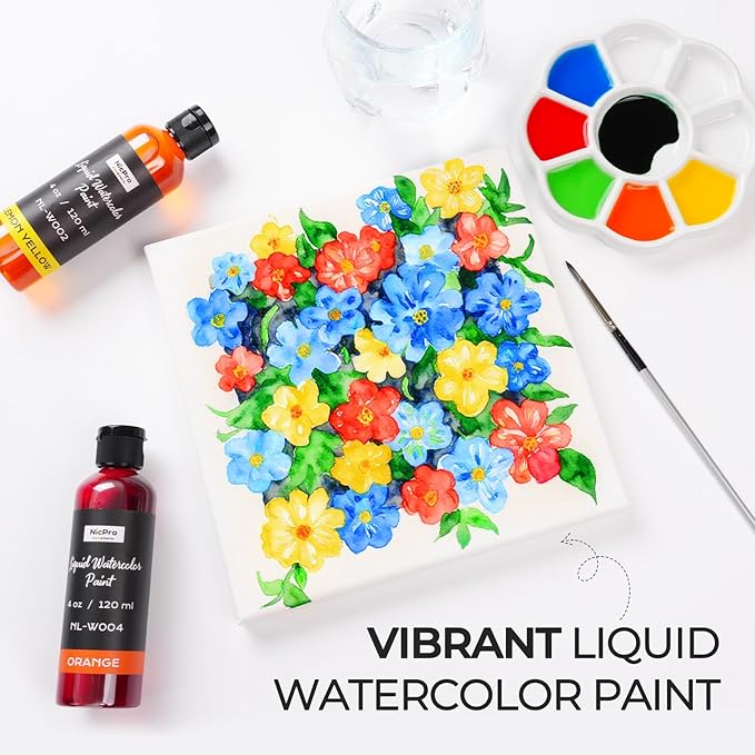 Nicpro 6 Colors Liquid Watercolor Paint Set, 4oz Liquid Watercolor Paint, Vibrant Colors & Non-Toxic Water Colors Painting Supplies for Art Activity, Craft DIY, Poster, School, Home, Classroom, Party