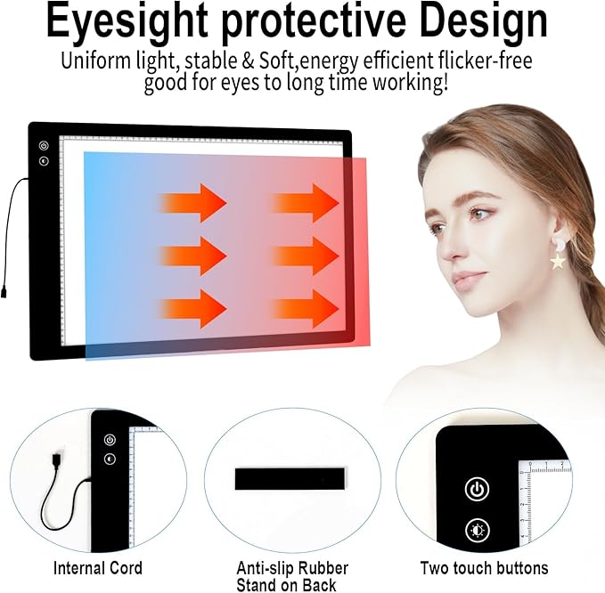 KOBAIBAN Rechargeable Large A2 Tracing Light Pad, 3 Colors Light Mode Diamond Painting Cordless Light Board, 6-Level/Stepless Adjusted Brightness Wireless Artist Light Box Copy Table for Designing