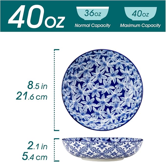vancasso Selene 8.5" Pasta Bowls Set of 6, 40 oz Porcelain Shallow Salad Bowls - Image 2