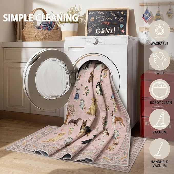 Area Rug 4x6 Pink Rug, Washable Dog Rugs Non Slip Low Pile Floral Small Carpet - Image 4