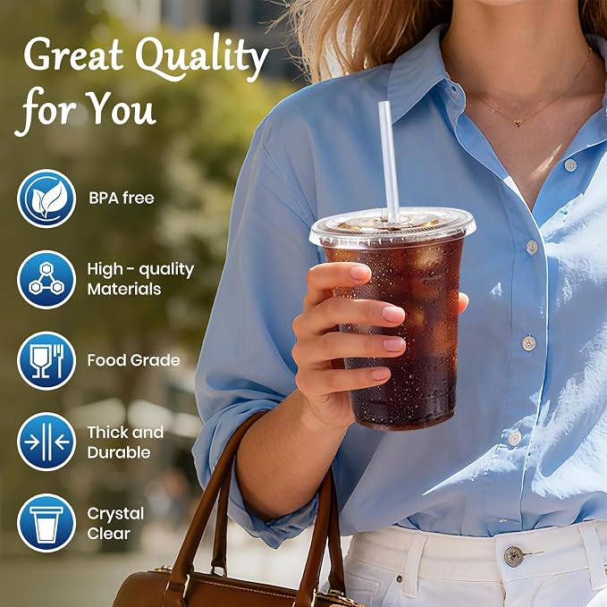 16oz 50 Pack Plastic Cups with Lids and Straws | Cold Drinking Disposable Cups - Image 3