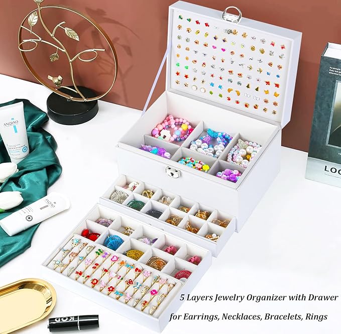 Earrings Jewelry Box for Girls, 5 Layers Jewelry Organizer with Earring Holder Organizer for Girls Earring Organizer Jewelry Boxes for Women Earrings and Necklaces Jewelry Box Organizer White