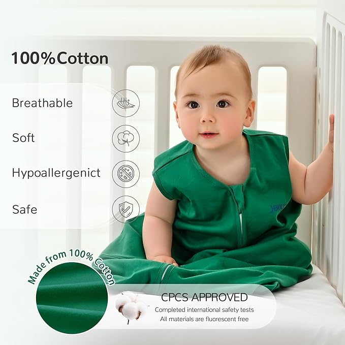 JELLYMONI Baby Sleep Sack 6-12 Months 100% Cotton Wearable Blanket, 0.5 TOG Soft Lightweight Toddler Sleeping Sack 3 Pack 2-Way Zipper Newborn Sleep Sacks