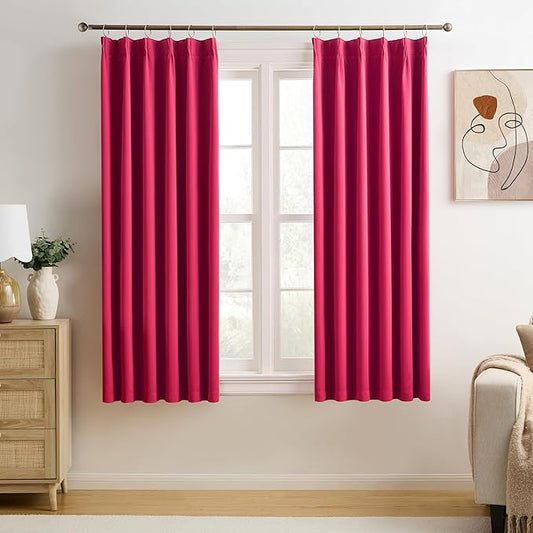 KEQIAOSUOCAI Pinch Pleated Hot Pink Blackout Curtains Short 2 Panels Set 45 Inch Length for Small Windows, Sound & Light Reducing Room Darkening Drape for Bathroom Bedroom(Hot Pink, 2 PCs, W40 x L45)