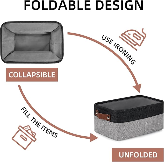 DULLEMELO Small Storage Baskets for Organizing - 11.8x7.9x5.1 inch Collapsible Storage Bins Set of 2 cloth storage bins for organizing Books and towel storage (Black&Grey)