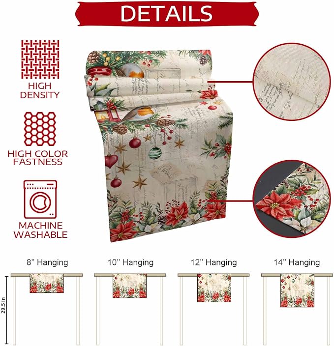 Christmas Poinsettia Table Runner 90 Inches Long, Winter Xmas Balls Birds Table - Image 7