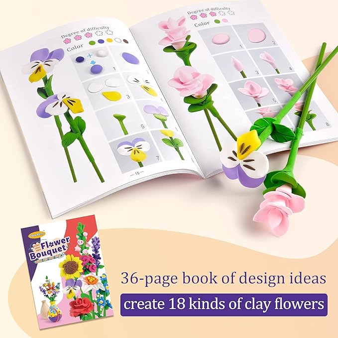 Drama Planet Flower Craft Kit for Kids, Make Your Own Flower Bouquet with Air Dry Clay, Arrange Clay Flowers & Create Personalized Art, Great Gifts for Girls