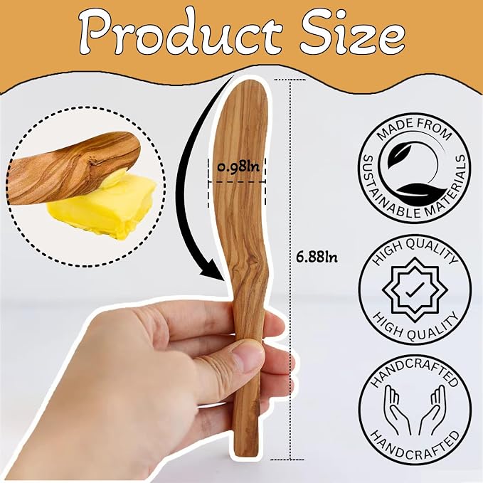 Olive Wood Butter Spreader, 6.8 Inch Handmade Butter Knife Set of 4 | Olive - Image 2