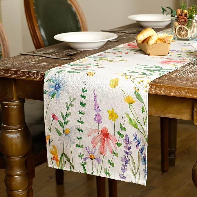 Spring Table Runner 13x90 Inch Watercolor Wild Flower Farmhouse Rustic Holiday - Image 3