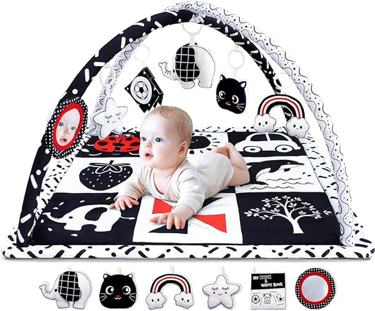 Black and White Baby Gym Play Mat with 6 Toys Tummy Time Activity Mat for Babies 0-6 6-12 Months High Contrast Baby Gyms & Playmats Sensory Toys Newborn Brain Development Infant Play Mat