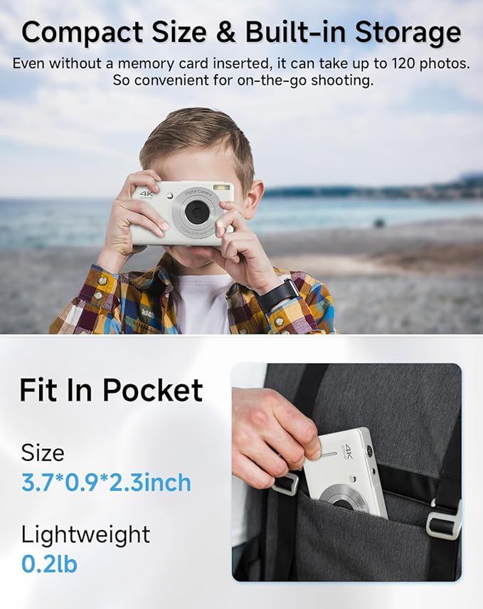 Digital Camera for Kids, FHD 1080P 44MP Point and Shoot Digital Camera with Face Detect, Smile Capture, 18X Zoom, 20 Filters, Anti Shake, 32GB SD Card White Compact Vintage Camera for Kids Boys Girls