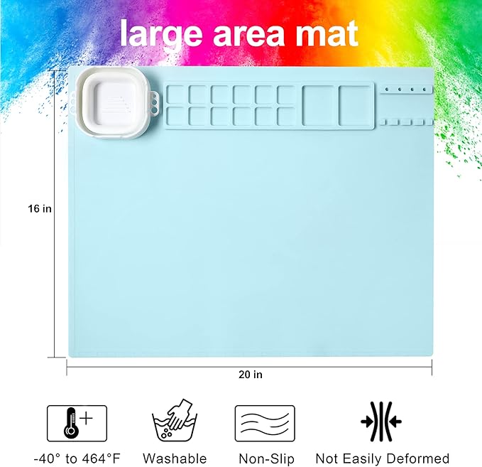 AWOKE Silicone Painting Mat - 20"X16" Silicone Art Mat with 1 Water Cup for Kids - Craft Mat has12 Color Dividers - 2 Paint Dividers (Blue),Toddler Activities,3 4 5 Year Old Girl Boy Birthday Gifts