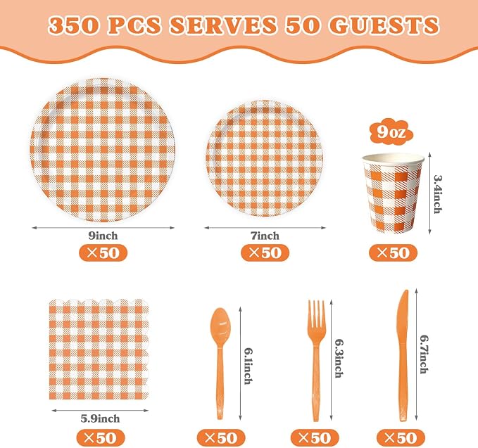 Vyntra 350 Pcs Orange & White Checkered Gingham Paper Plates and Napkins Set - Image 3