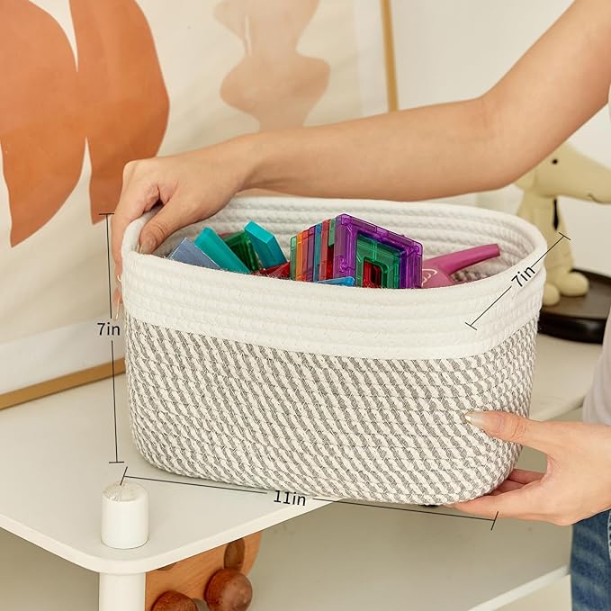 Small Cotton Rope Storage Basket Set of 3-11"x7"x7" Perfect Woven Baskets for Storage, Ideal Storage Baskets for Organizing Toys, Towels, and More - Baskets for Shelves（White & Mixed Grey）