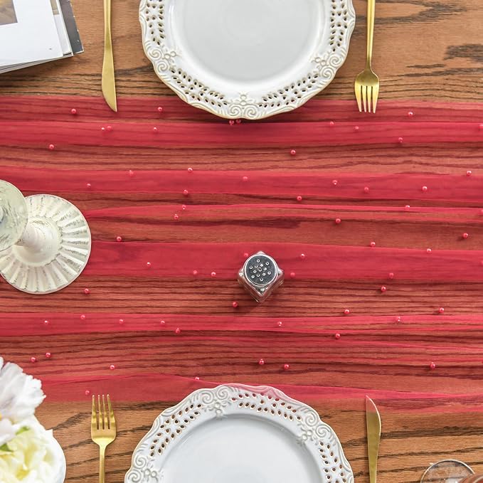 Artoid Mode 10PCS Pearl Red Gauze Table Runner 120 Inch 10FT, Seasonal Sheer - Image 3