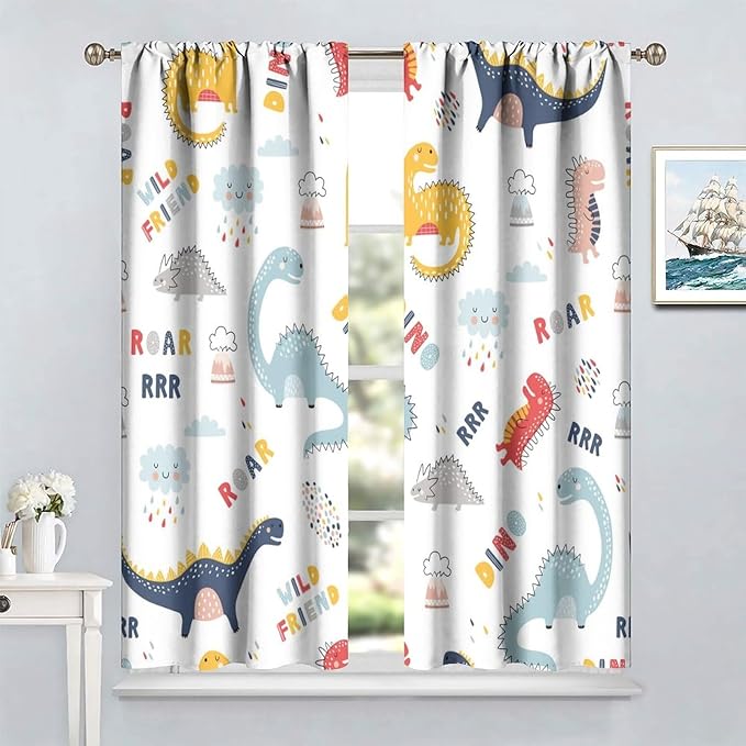 Cartoon Dinosaur Curtains for Kids Boys Girls Home Decor Colorful Cute Dino Animals Print Pattern Rod Pocket Blackout Window Drapes for Nursery Baby Bedroom Playroom W21xL45in 2 Panels