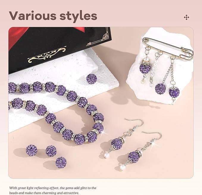 200pcs 10mm Rhinestone Beads for Jewelry Making, Purple Shiny Round Disco Ball Beads Bulk, Sparkle Crystal Clay Christmas for Bracelet Baseball Necklace Earring Crafting and DIY