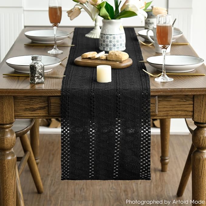 Artoid Mode Black Woven Farmhouse Hollow Table Runner 12x36 Inch | Holiday - Image 3